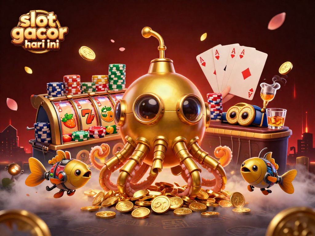 Experience the excitement of slot gacor hari ini with a dynamic illustration of a golden kraken submarine in a treasure-filled sea.