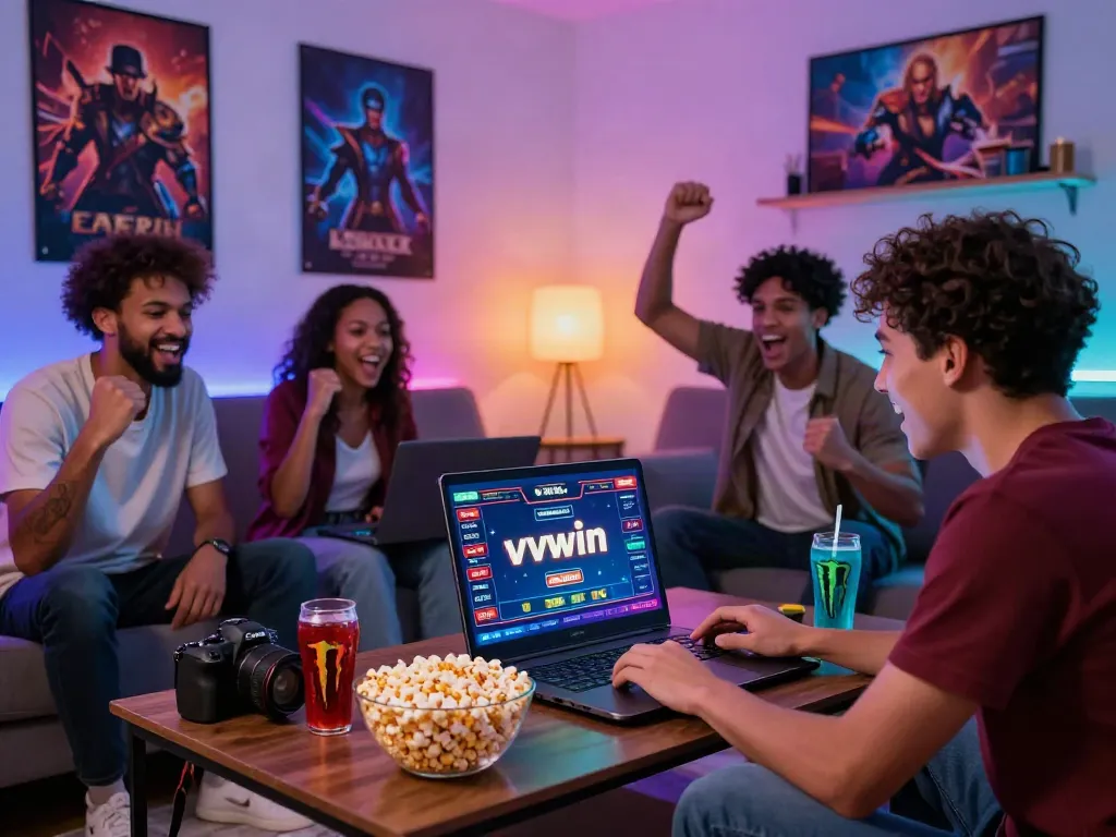 Trải nghiệm chơi game vvwin đầy năng lượng tại phòng khách hiện đại với nhóm bạn trẻ.