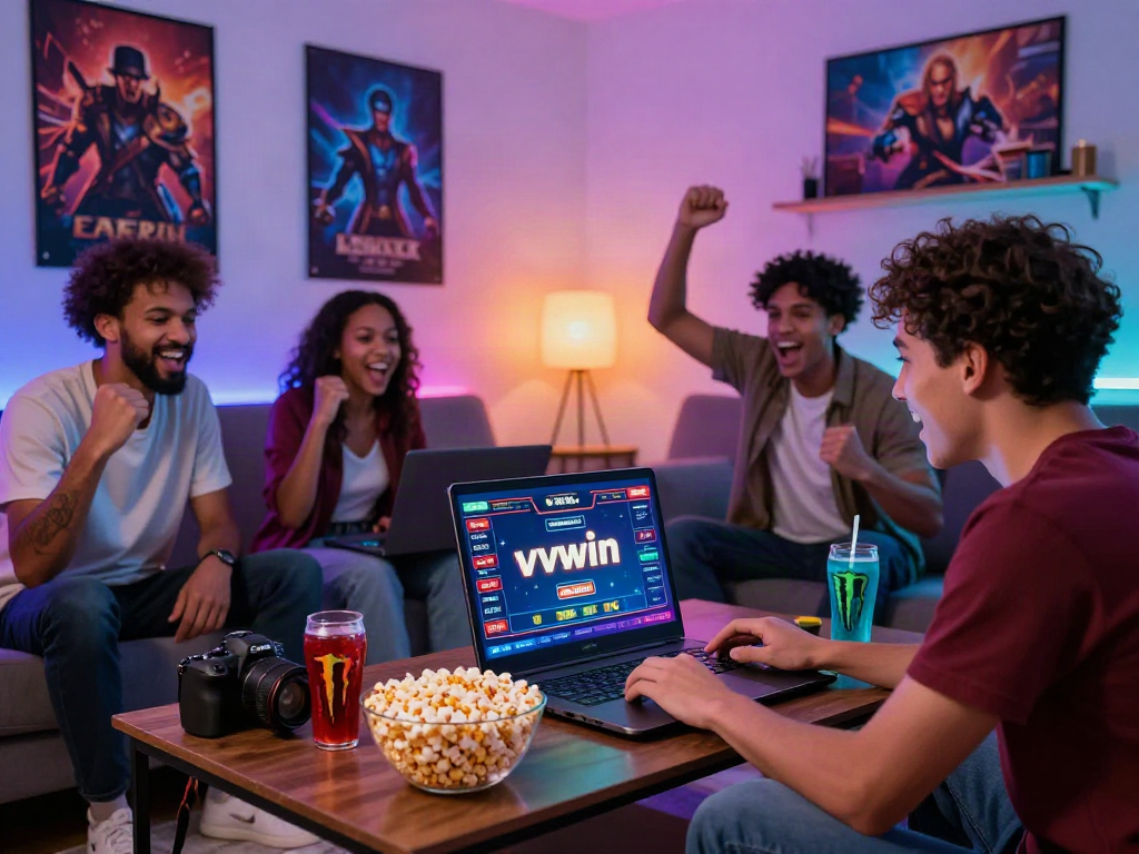 Trải nghiệm chơi game vvwin đầy năng lượng tại phòng khách hiện đại với nhóm bạn trẻ.