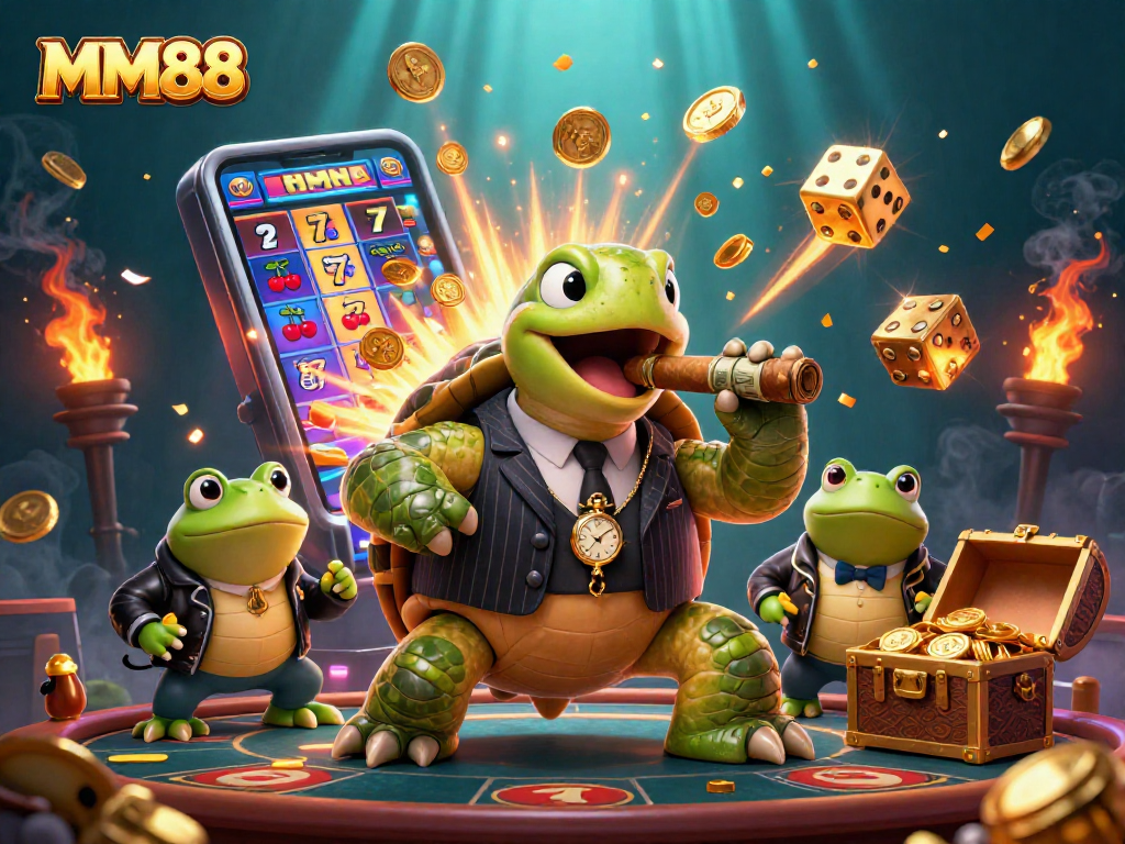 Experience the excitement of MM88 with a massive jackpot bursting from a slot machine amidst vivid casino elements.