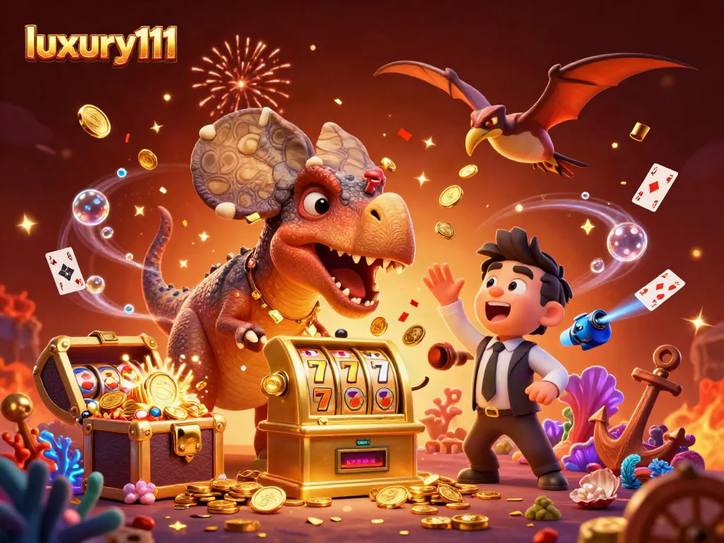 luxury111 engages players with a pachycephalosaurus celebrating a slot jackpot, surrounded by vibrant casino elements.