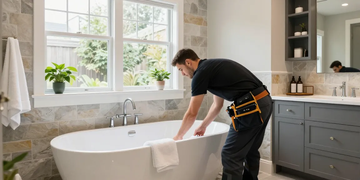 Bathroom remodeling contractor Seattle installing a luxury freestanding tub in a modern, spa-like bathroom setting.
