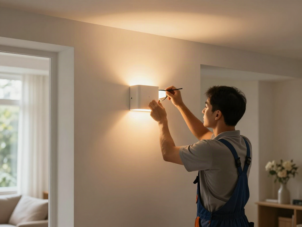 Aplice LED montate de un electrician profesionist în livingul confortabil al unei case.
