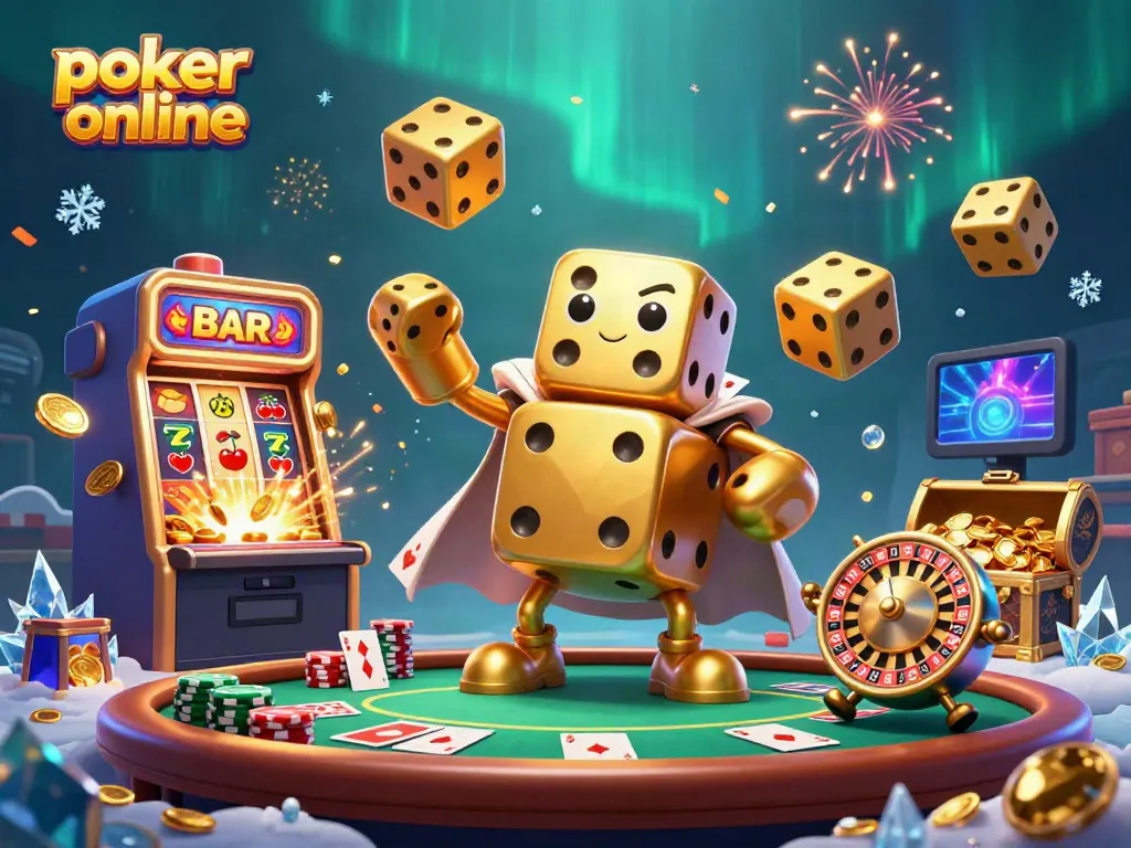 Engage in poker online with a lively 3D scene of golden dice characters, poker elements, and jackpot excitement.