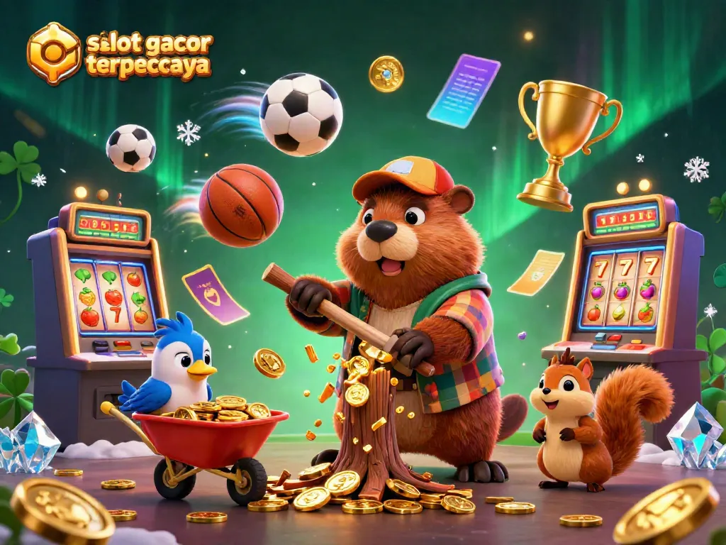 Engage in fun with situs slot gacor terpercaya as a cheerful beaver collects gold coins in a vibrant casino scene.
