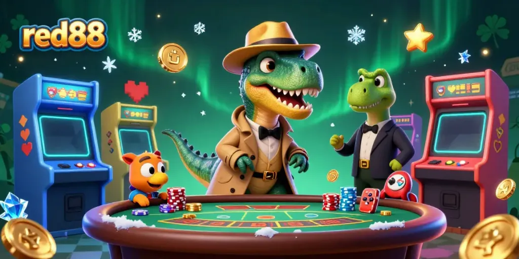 Engage in thrilling gameplay at red88 with a lively casino scene featuring animated dinosaurs.