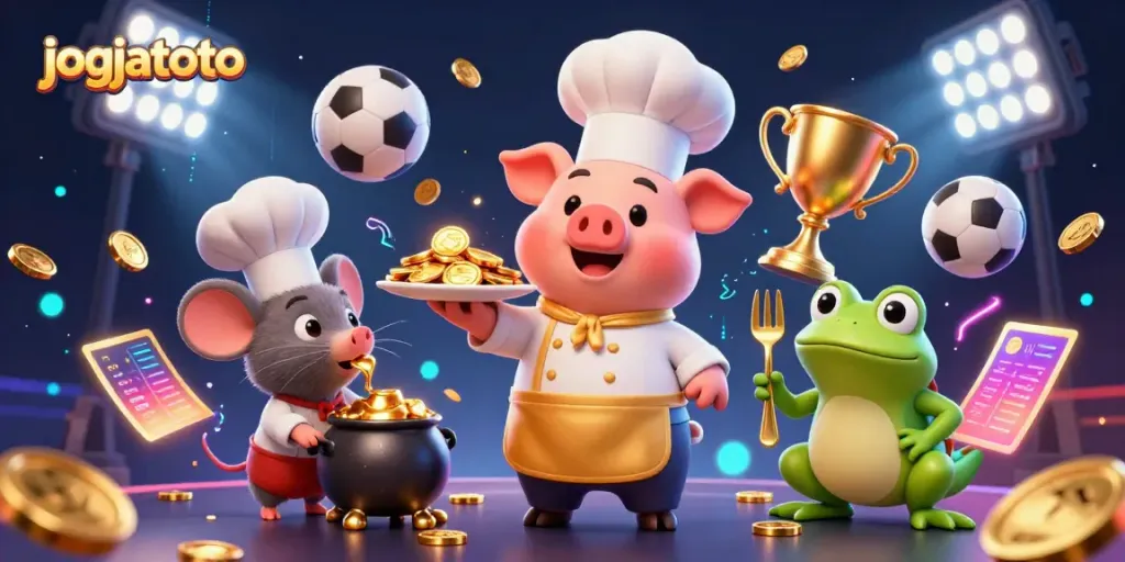 Engage with jogjatoto's exciting gambling elements led by a chef pig, offering gold coins amidst sports-themed action.