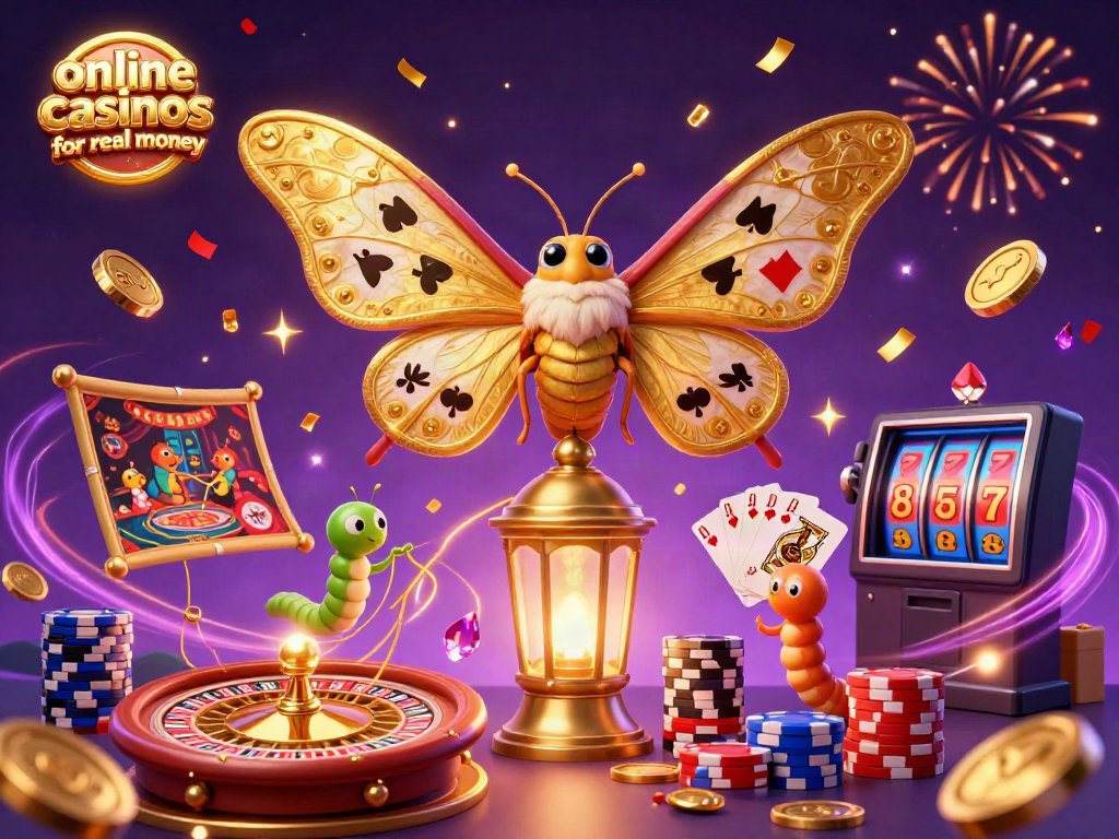 Experience the magic of online casinos for real money with a vibrant, detailed illustration of a character-filled casino scene.