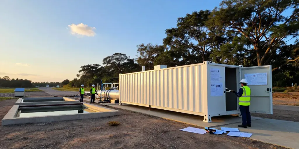 Water reclaim system installation at industrial site, professionals managing advanced wastewater treatment.
