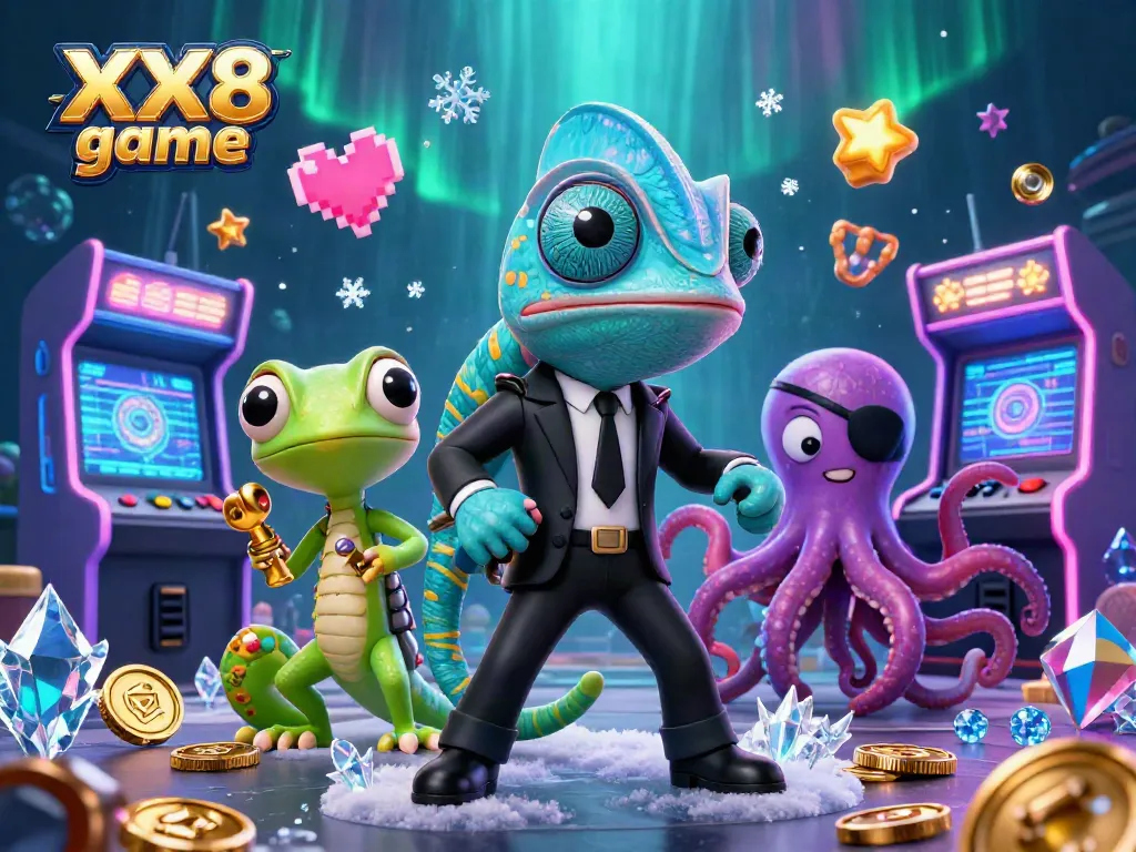 Experience the vibrant world of XX8 game with thrilling casino elements including colorful game machines and dynamic characters.