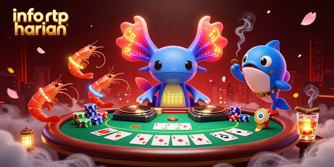 Engage in info rtp harian while enjoying a vibrant scene of a neon axolotl DJ spinning records at a poker table.