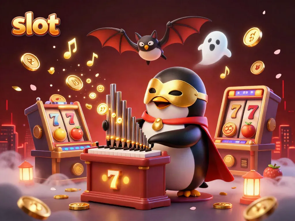 Experience thrilling slot game action with a penguin organist amidst vibrant casino visuals.