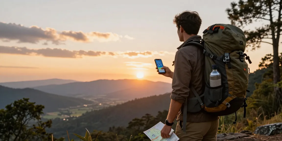 Traveler using slot qris app at sunset viewpoint, showcasing adventure and nature.