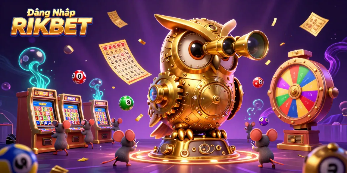 Win big with Đăng Nhập RIKBET as vibrant golden owl scans a packed casino scene.