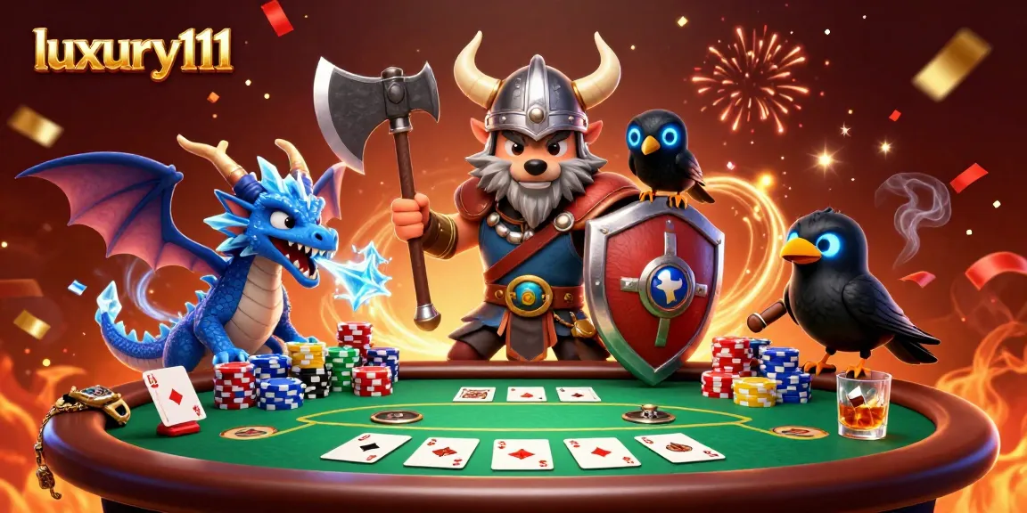 Experience luxury111 in a vibrant 3D casino scene with Viking warriors and poker dynamics.