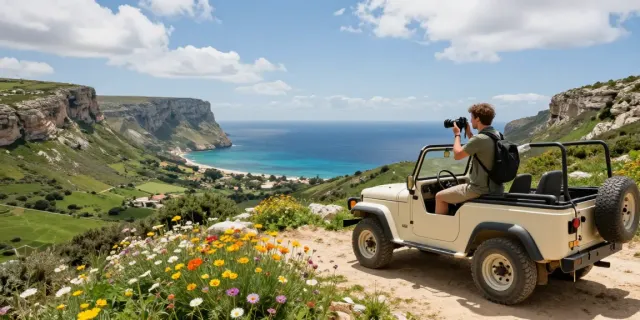 Exploring Gozo jeep tour with stunning coastal views during bright sunny day.