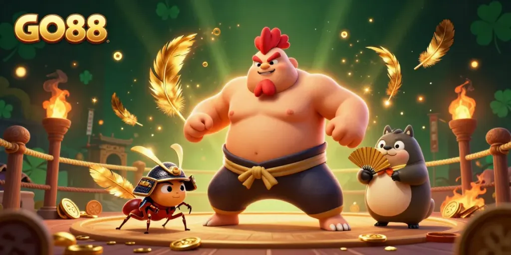 Engage in thrilling gaming with GO88's sumo rooster and samurai cricket in a vibrant casino scene.