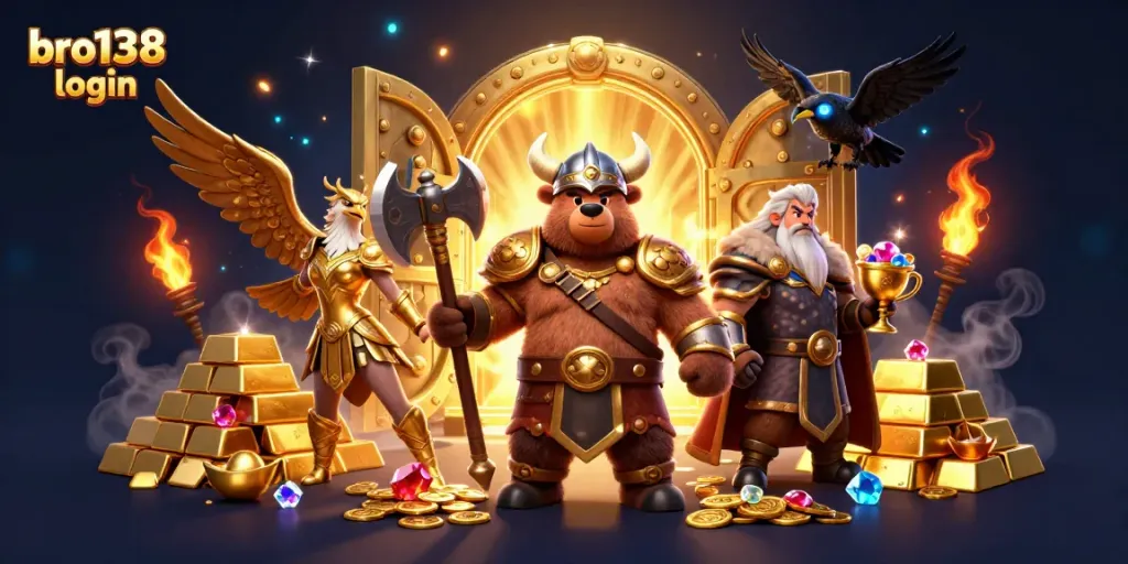 Experience bro138 login with an exciting scene of Viking characters amidst treasure and gameplay elements.