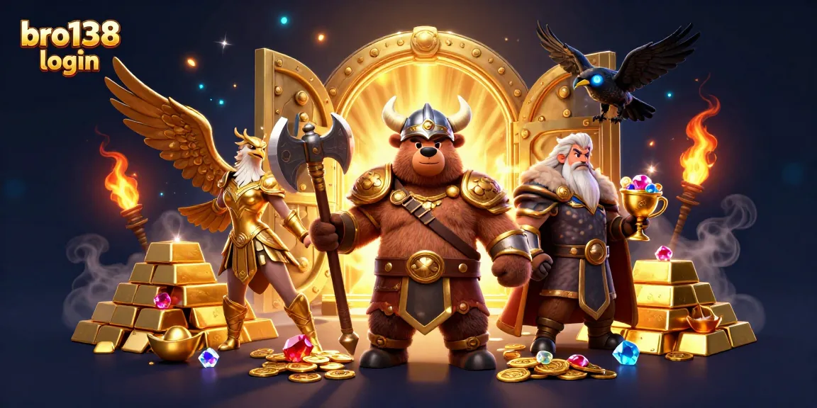 Experience bro138 login with an exciting scene of Viking characters amidst treasure and gameplay elements.