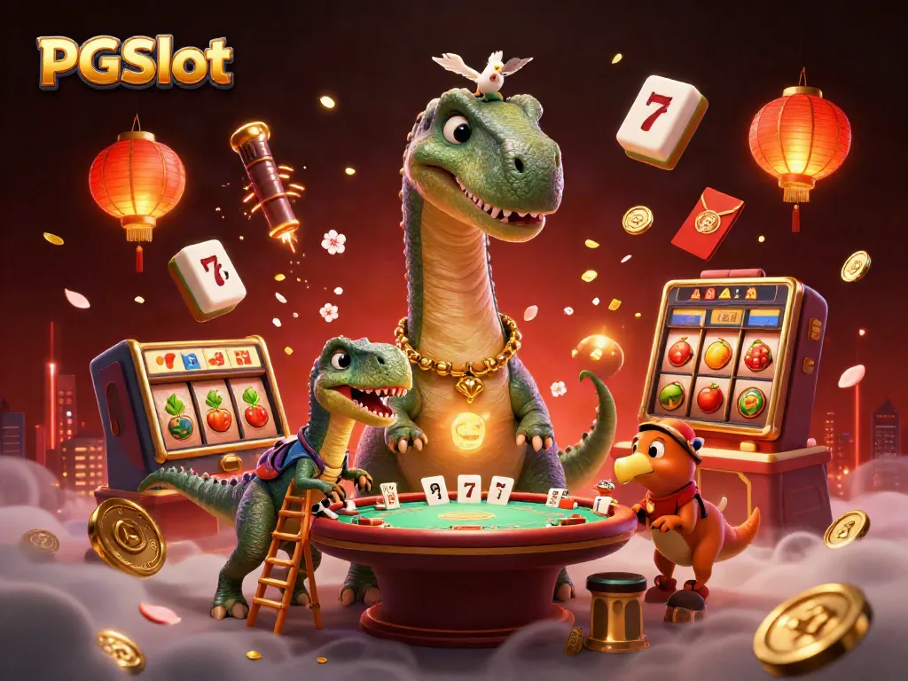 Engage with PGSlot amidst a 3D casino scene filled with lively characters and thrilling game elements.