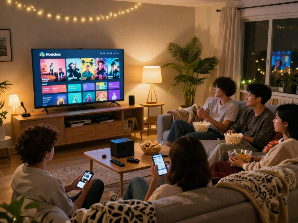 Enjoying movie night with friends using Moviebox app download on smart TV.
