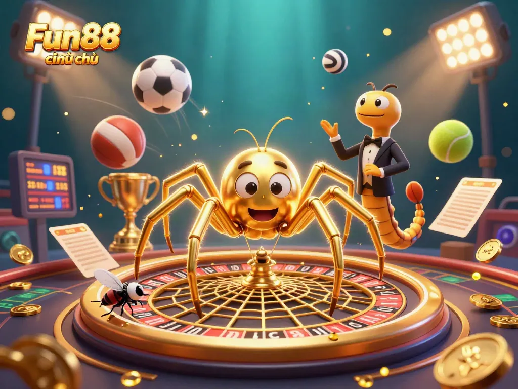 Fun88 chính thức showcases exhilarating betting action with a golden spider and dynamic sports elements.