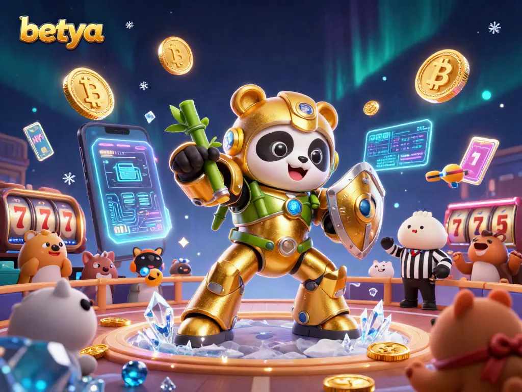 Betya showcases thrilling casino action with a golden panda in a mech suit surrounded by jackpots.