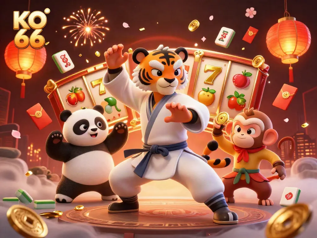 Engage in high-stakes action with KO 66 showcasing vibrant slot reels and lively casino characters.