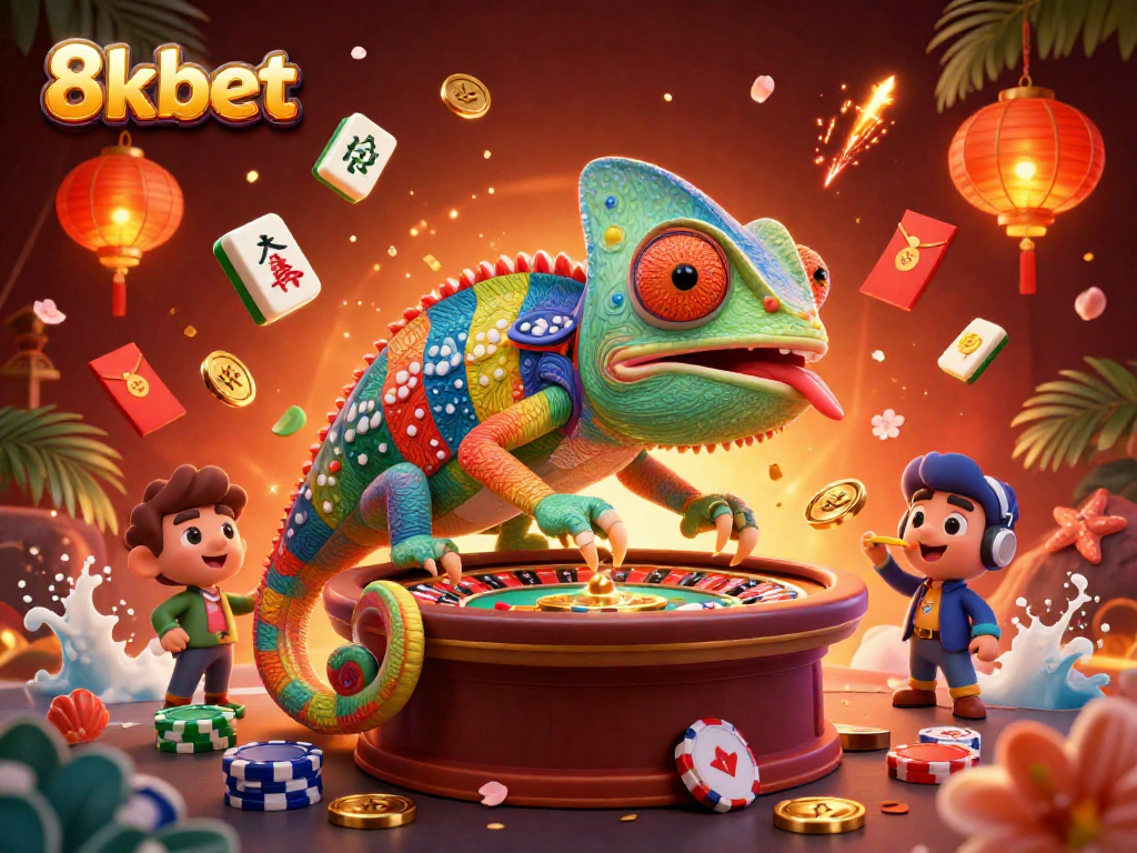 Spin to win with vibrant 8kbet gaming scene featuring a colorful chameleon and casino elements.