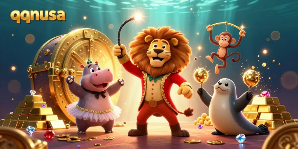 Experience qqnusa's vibrant gambling world with circus characters immersed in treasures and adventure.