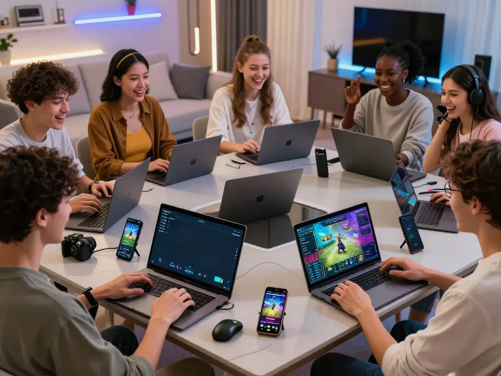 Exciting group of players engaging with the Bro138 gaming platform on various devices.