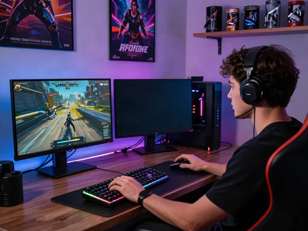 Exciting gaming setup with player immersed in qqmacan game, colorful RGB lighting and collectibles.