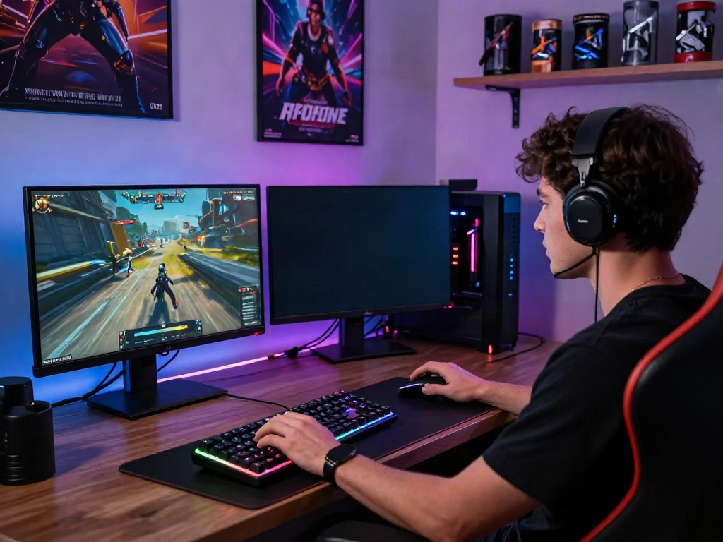 Exciting gaming setup with player immersed in qqmacan game, colorful RGB lighting and collectibles.