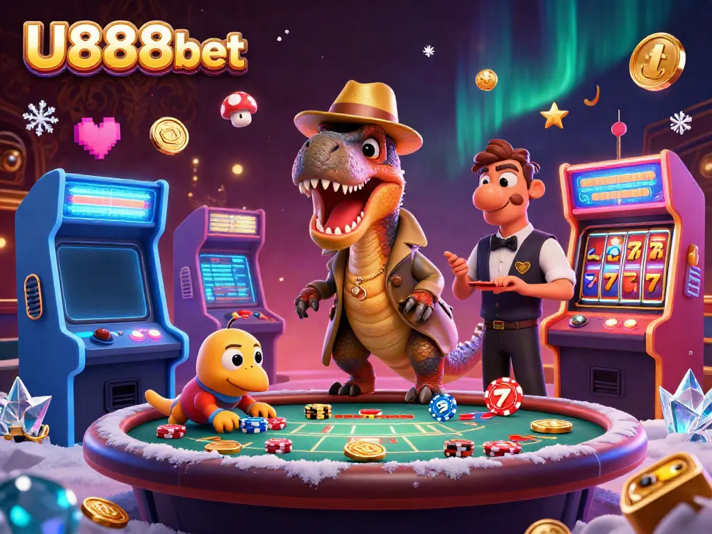 Experience the thrilling U888bet casino atmosphere with 3D cartoon characters caught in a vibrant gaming scene.