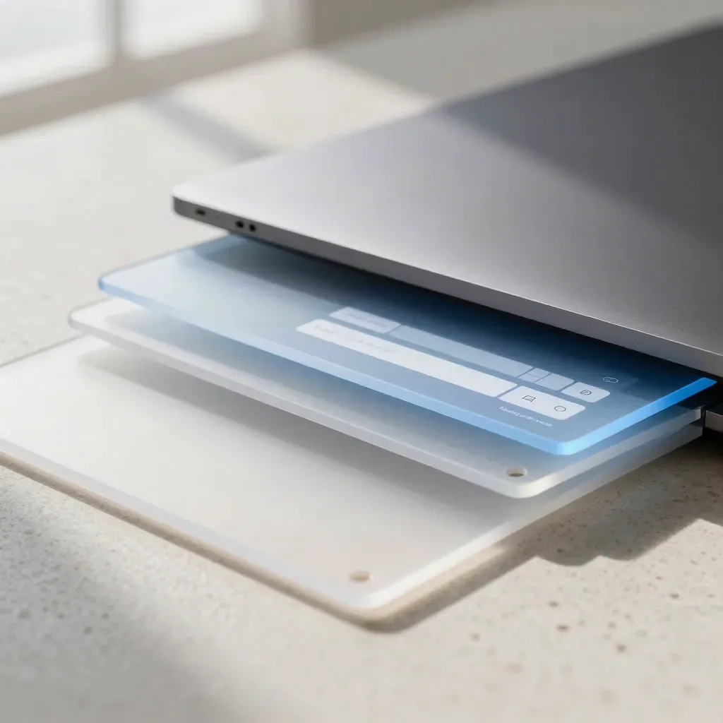 Frosted acrylic browser panels and a laptop lid stack into a homepage grid over pale travertine.