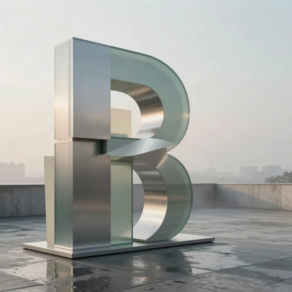 Rain-lit aluminum logo installation on a concrete terrace with acrylic planes and mist.