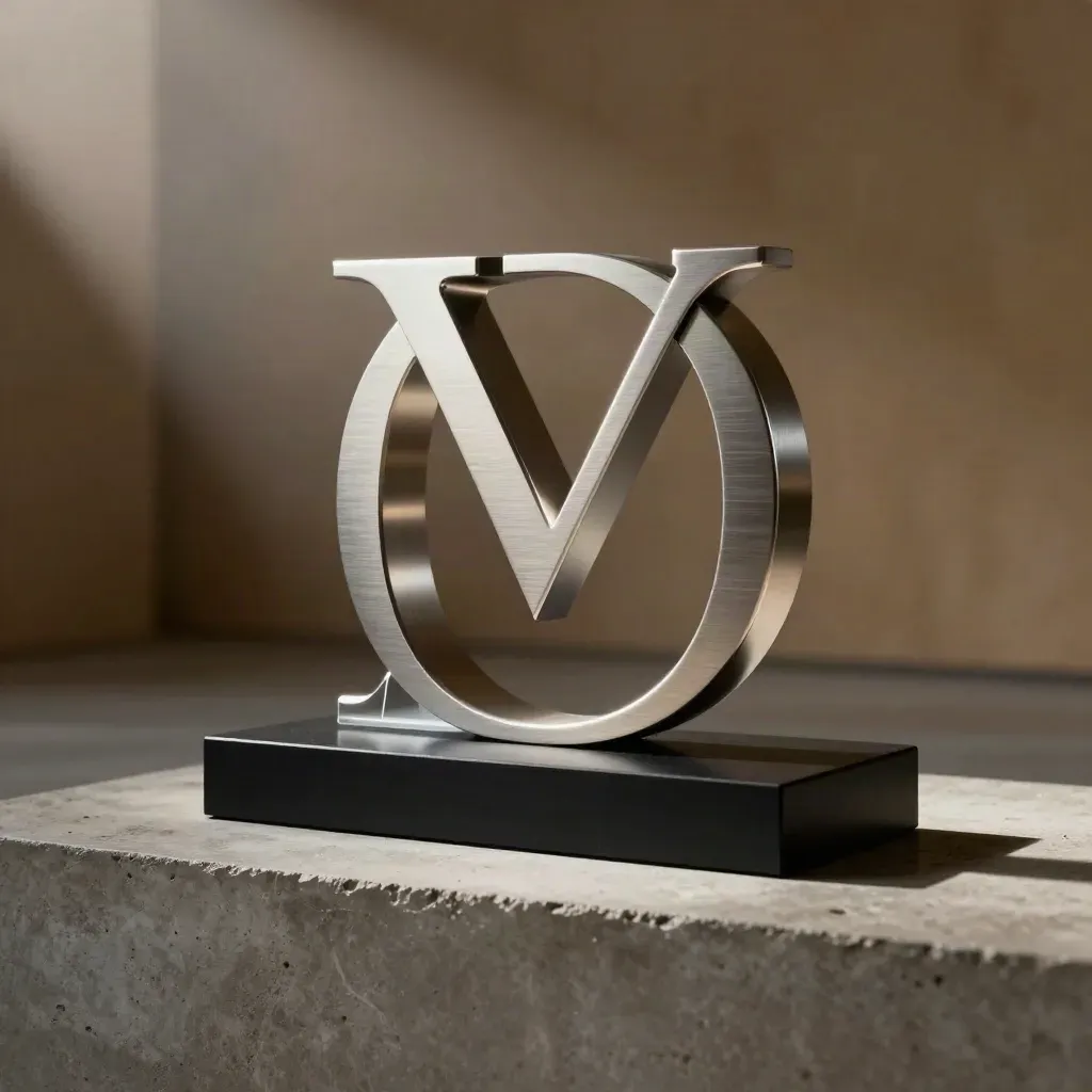 Brushed aluminum monogram on acrylic offcuts beside a matte black block in dramatic light.