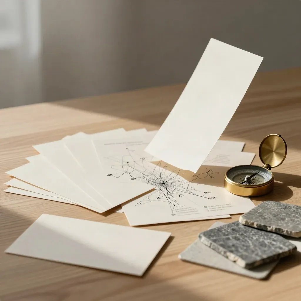Blank concept cards, stone swatches, and a brass compass forming a strategy map on pale oak.
