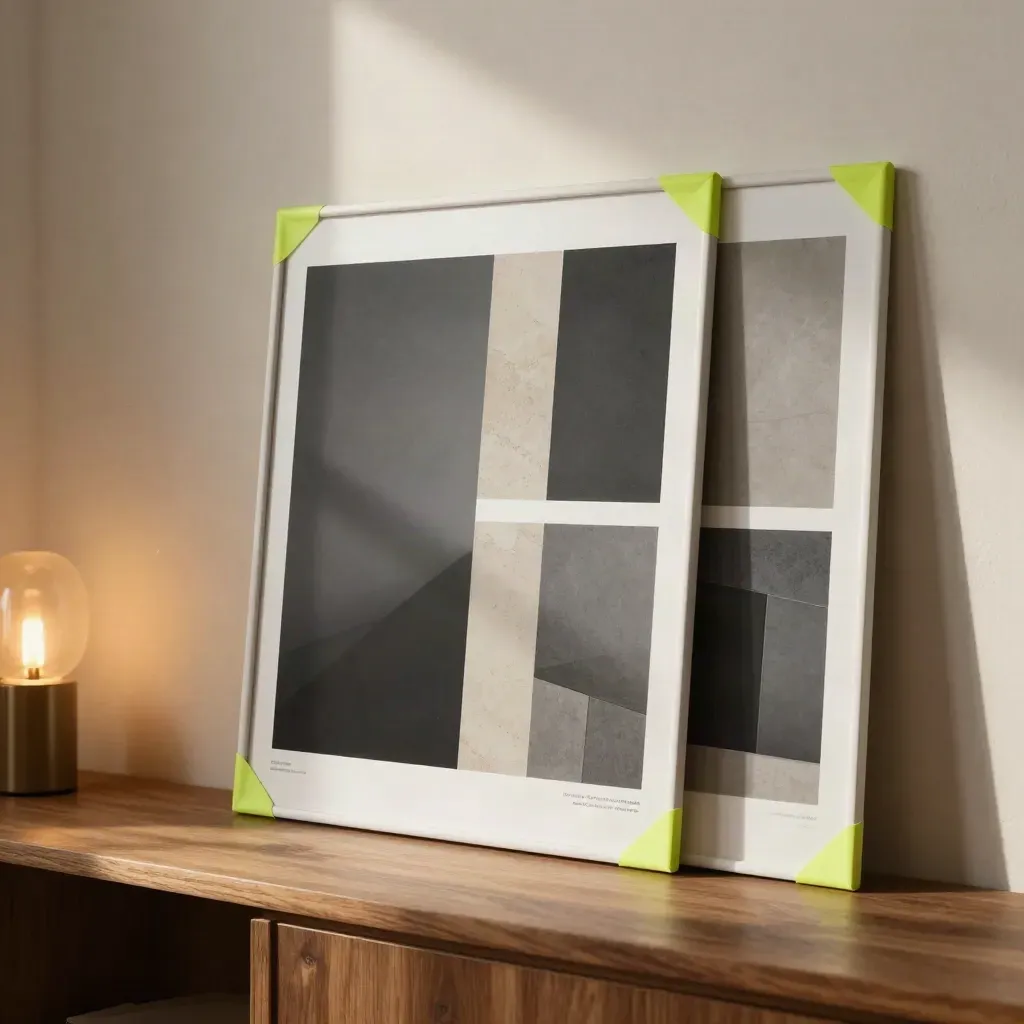 Campaign proof boards and image tiles on a warm plaster wall with lime crop-mark corners.