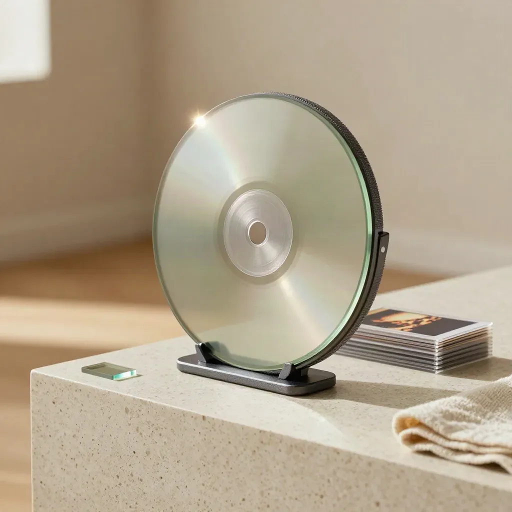 Spinning acrylic disc with metal wheel and transparent frame cards in a sunlit studio