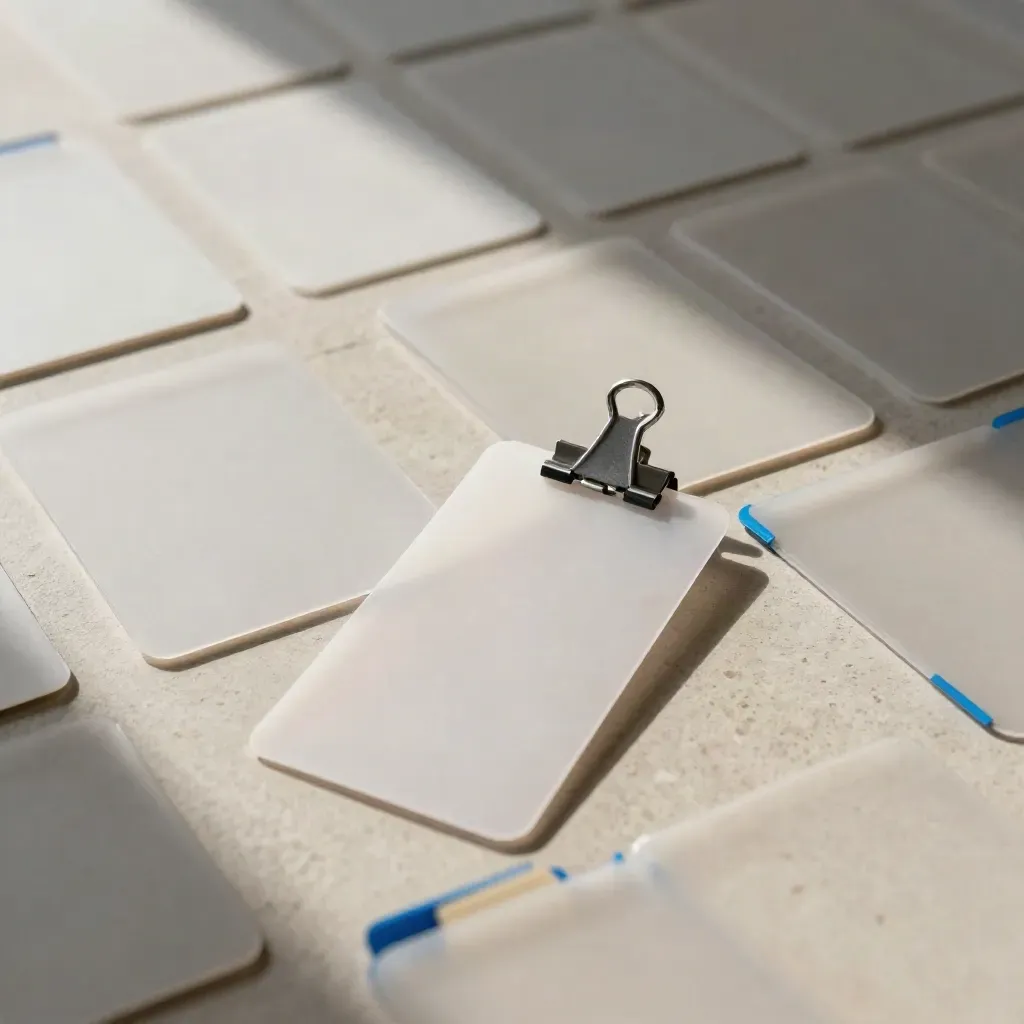Tidy grid of blank social post frames and clamp rack on pale stone with blue accents