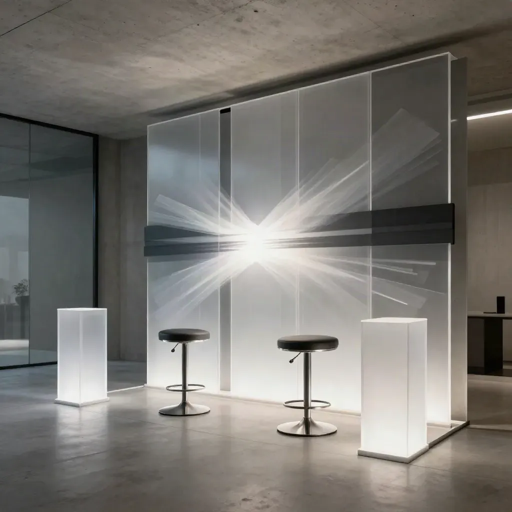 Glowing demo nook with acrylic pylons, empty stools, and animated motion panels in a moody interior.