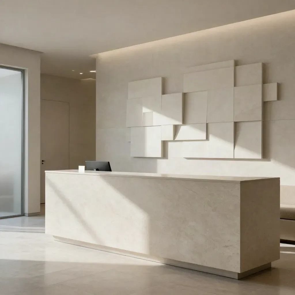 Serene modern clinic reception with stone counter, linen bench, and geometric wall relief.