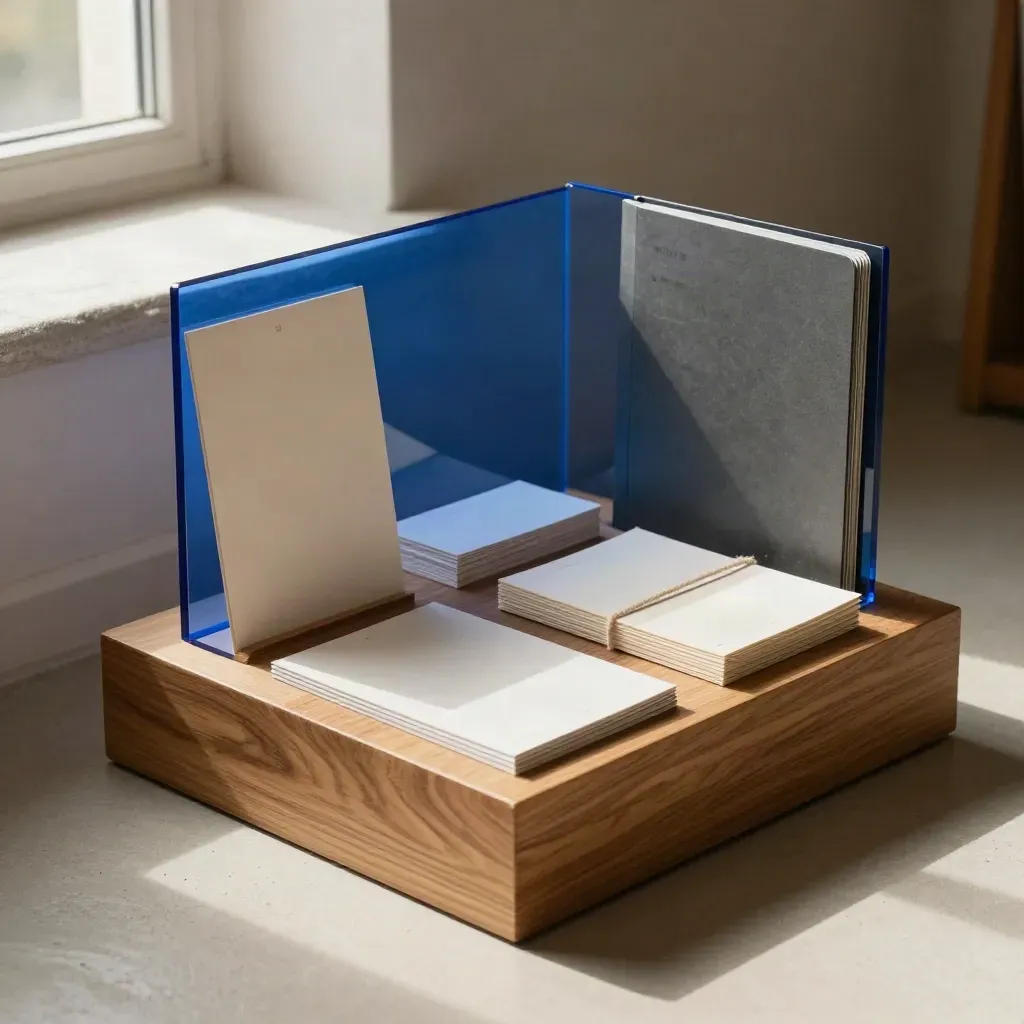 Sunlit design studio kit with proof cards, mock panel and stacked ad proofs on a pedestal