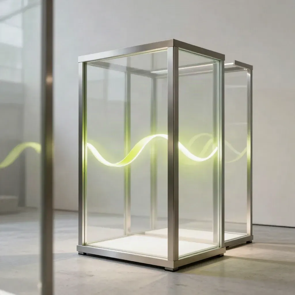 Retail lightbox installation glowing with a lime pulse in a modern showroom