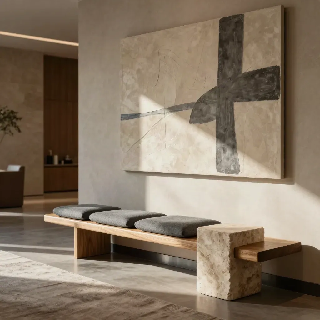 Sun-washed consultancy waiting area with oak bench, stone table, and abstract wall relief.