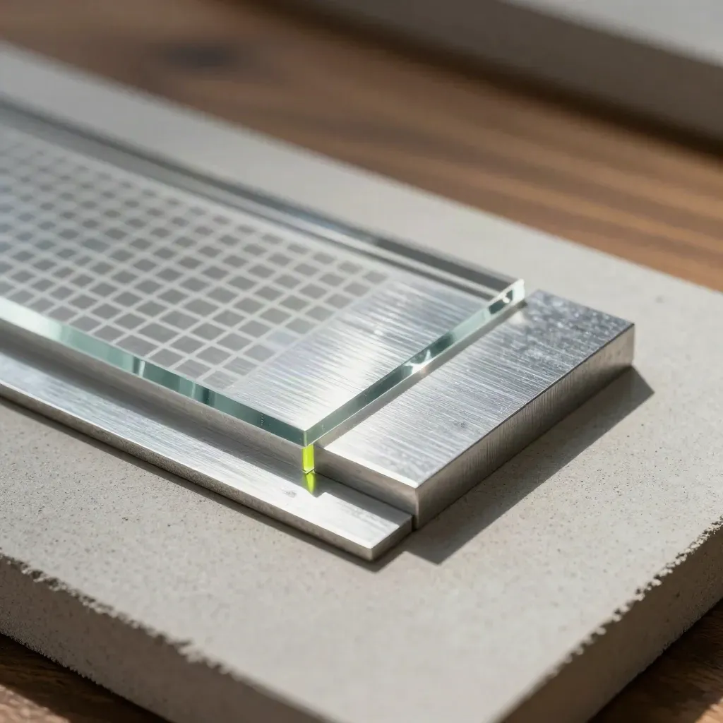 Aluminum swatches and acrylic strips overlapping on a concrete sample board with lime accent light.