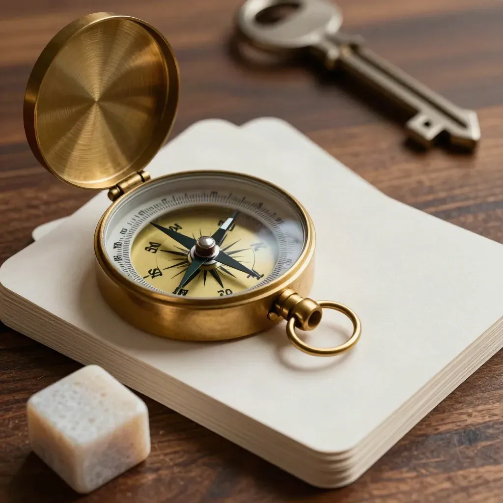 Brass compass, strategy cards and travertine cube on walnut under dramatic studio light.