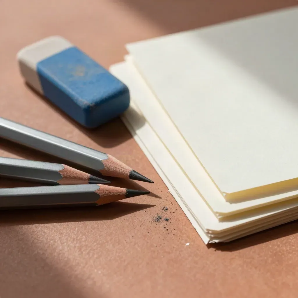 Graphite pencils, dusty blue eraser block, and blank proof cards on a terracotta studio surface.