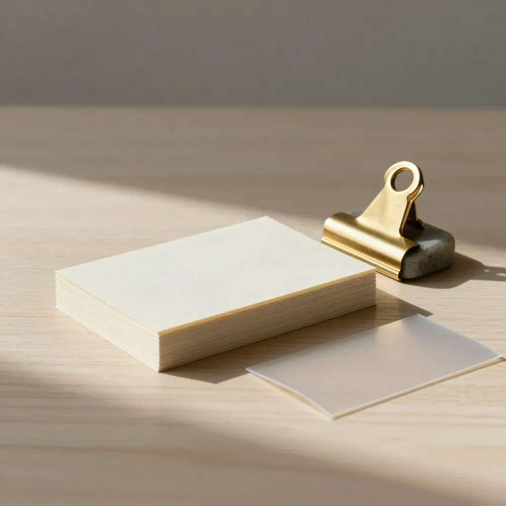 Overhead still life of blank cards, stone weight, brass clip and translucent overlay on pale oak.